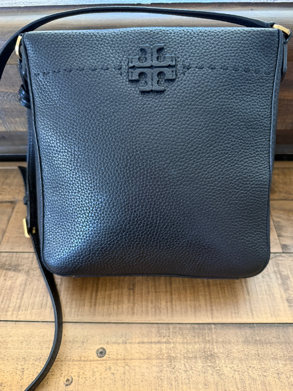 Tory Burch Crossbody Bag Womens Small Black Pebbled Leather Tassel Logo Shoulder